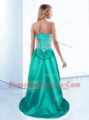 Fantastic Teal A-line Sweetheart Sleeveless Satin High Low Lace Up Beading and Bowknot Dress for Prom