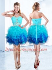 Ideal Blue Sweetheart Neckline Beading and Ruffles and Ruching Prom Evening Gown Sleeveless Lace Up