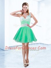 Charming One Shoulder Knee Length Criss Cross Dress for Prom Turquoise for Prom and Party with Beading