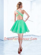 Charming One Shoulder Knee Length Criss Cross Dress for Prom Turquoise for Prom and Party with Beading
