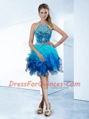 Halter Top Knee Length Multi-color Evening Dress Organza Sleeveless Beading
