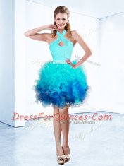 Halter Top Aqua Blue Sleeveless Knee Length Ruffles and Ruching and Belt Zipper