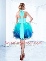 Halter Top Aqua Blue Sleeveless Knee Length Ruffles and Ruching and Belt Zipper