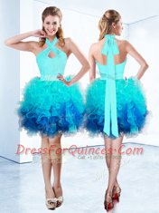 Halter Top Aqua Blue Sleeveless Knee Length Ruffles and Ruching and Belt Zipper