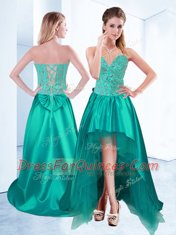 Amazing Turquoise Lace Up Prom Evening Gown Beading Sleeveless High Low