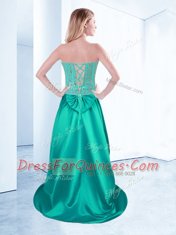 Amazing Turquoise Lace Up Prom Evening Gown Beading Sleeveless High Low