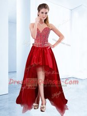 Wine Red Sleeveless High Low Beading Lace Up