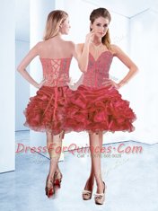 Flirting Mini Length Lace Up Prom Dresses Coral Red for Prom and Party with Beading and Ruffles and Pick Ups