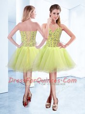 Yellow Green A-line Sweetheart Sleeveless Organza Knee Length Lace Up Beading Prom Party Dress