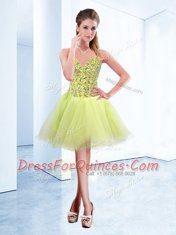 Yellow Green A-line Sweetheart Sleeveless Organza Knee Length Lace Up Beading Prom Party Dress