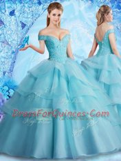Aqua Blue Off The Shoulder Neckline Beading and Ruffled Layers Sweet 16 Dresses Sleeveless Lace Up