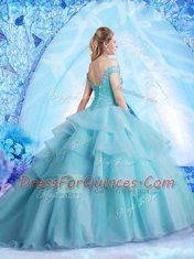 Aqua Blue Off The Shoulder Neckline Beading and Ruffled Layers Sweet 16 Dresses Sleeveless Lace Up