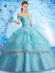 Aqua Blue Off The Shoulder Neckline Beading and Ruffled Layers Sweet 16 Dresses Sleeveless Lace Up