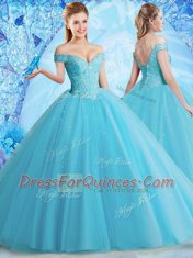 Off The Shoulder Sleeveless Tulle Sweet 16 Dresses Beading and Lace Lace Up