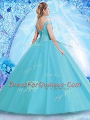Off The Shoulder Sleeveless Tulle Sweet 16 Dresses Beading and Lace Lace Up