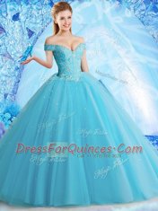 Off The Shoulder Sleeveless Tulle Sweet 16 Dresses Beading and Lace Lace Up