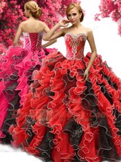 Red And Black Sleeveless Floor Length Beading and Ruffles Lace Up Quince Ball Gowns