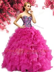 Lovely Ball Gowns 15th Birthday Dress Hot Pink Sweetheart Organza Sleeveless Floor Length Lace Up