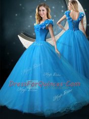 Blue V-neck Neckline Appliques Sweet 16 Quinceanera Dress Cap Sleeves Lace Up