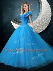 Blue V-neck Neckline Appliques Sweet 16 Quinceanera Dress Cap Sleeves Lace Up