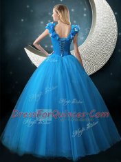 Blue V-neck Neckline Appliques Sweet 16 Quinceanera Dress Cap Sleeves Lace Up