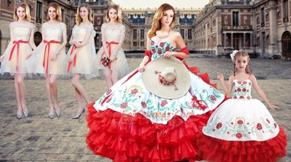 Comfortable White And Red Sleeveless Satin and Organza Lace Up Sweet 16 Dress for Military Ball and Sweet 16 and Quinceanera