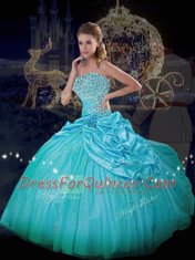 Sexy Sleeveless Floor Length Beading and Pick Ups Lace Up Quince Ball Gowns with Blue