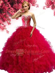 Colorful Red Lace Up Sweetheart Beading and Ruffles 15 Quinceanera Dress Tulle Sleeveless