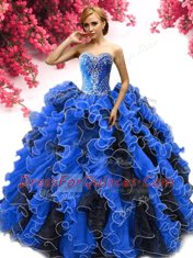 Lace Up Sweet 16 Quinceanera Dress Blue And Black for Military Ball and Sweet 16 and Quinceanera with Beading and Ruffles