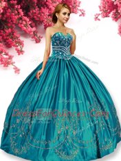 Trendy Sleeveless Floor Length Embroidery Lace Up Sweet 16 Dresses with Turquoise