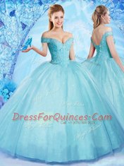 Off the Shoulder Beading Vestidos de Quinceanera Aqua Blue Lace Up Sleeveless Floor Length