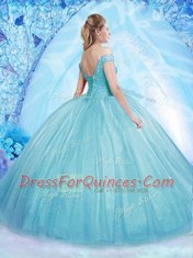 Off the Shoulder Beading Vestidos de Quinceanera Aqua Blue Lace Up Sleeveless Floor Length