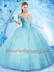 Off the Shoulder Beading Vestidos de Quinceanera Aqua Blue Lace Up Sleeveless Floor Length