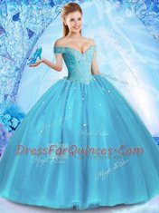 Off the Shoulder Sleeveless Lace Up Floor Length Beading Ball Gown Prom Dress