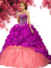 Pick Ups Sweetheart Sleeveless Brush Train Lace Up Vestidos de Quinceanera Fuchsia Taffeta