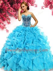 Aqua Blue Sweetheart Lace Up Beading and Ruffles Ball Gown Prom Dress Sleeveless