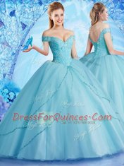 Off the Shoulder Sleeveless With Train Beading Lace Up Sweet 16 Dress with Aqua Blue Brush Train