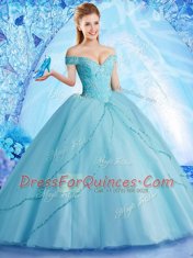 Off the Shoulder Sleeveless With Train Beading Lace Up Sweet 16 Dress with Aqua Blue Brush Train