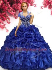 Royal Blue Ball Gowns Beading and Ruffles 15 Quinceanera Dress Lace Up Organza Sleeveless Floor Length