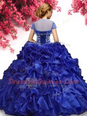 Royal Blue Ball Gowns Beading and Ruffles 15 Quinceanera Dress Lace Up Organza Sleeveless Floor Length