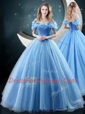 Fabulous Off the Shoulder With Train Ball Gowns Sleeveless Baby Blue 15 Quinceanera Dress Brush Train Lace Up