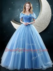 Fabulous Off the Shoulder With Train Ball Gowns Sleeveless Baby Blue 15 Quinceanera Dress Brush Train Lace Up