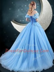 Fabulous Off the Shoulder With Train Ball Gowns Sleeveless Baby Blue 15 Quinceanera Dress Brush Train Lace Up