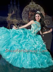 Latest Aqua Blue Ball Gowns Organza Bateau Sleeveless Beading and Appliques and Pick Ups Floor Length Lace Up Quinceanera Gown
