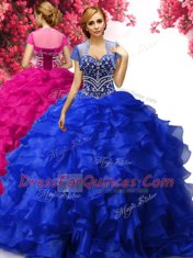 Extravagant Royal Blue Organza Lace Up Sweetheart Sleeveless Floor Length Sweet 16 Dress Beading and Ruffles