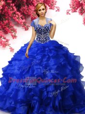 Extravagant Royal Blue Organza Lace Up Sweetheart Sleeveless Floor Length Sweet 16 Dress Beading and Ruffles