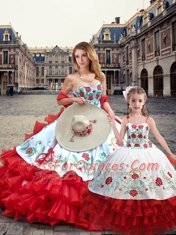 Trendy White And Red Quince Ball Gowns Military Ball and Sweet 16 and Quinceanera and For with Embroidery Sweetheart Sleeveless Lace Up