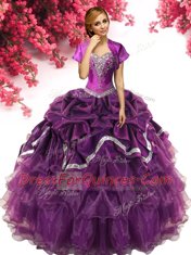 Fine Sweetheart Sleeveless Vestidos de Quinceanera Floor Length Beading and Ruffles and Pick Ups Dark Purple Organza and Taffeta