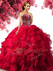Discount Red Lace Up Sweetheart Beading and Ruffles Quinceanera Gown Organza Sleeveless