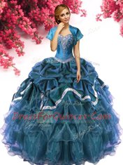 Custom Designed Teal Sleeveless Floor Length Beading and Ruffles and Pick Ups Lace Up Quinceanera Gown